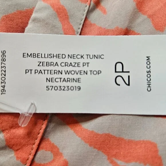 Chico's Embellished Neck Tunic Women's SZ 2P 12/14 Large Zebra Nectarine Blouse - Picture 11 of 14